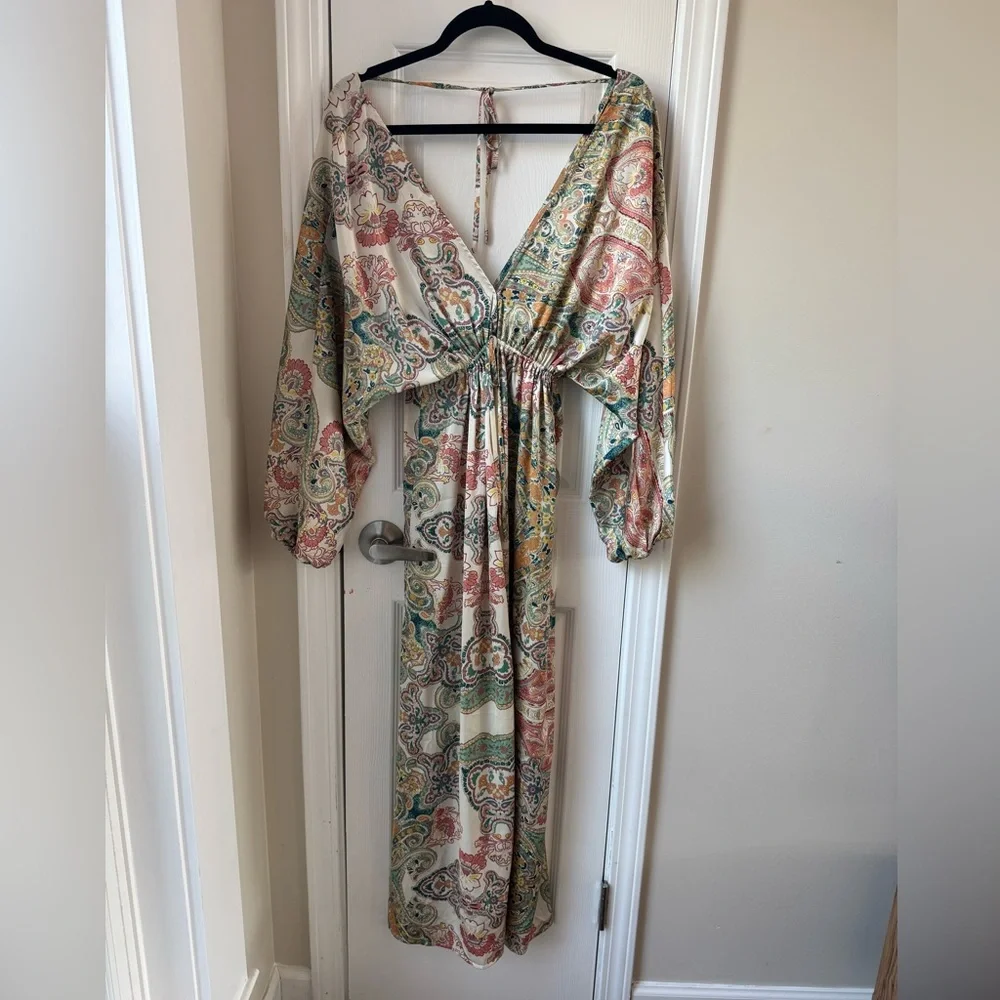 VICI Paisley Print Deep V Long Sleeve Silky Boho Maxi Dress Size XS - Picture 5 of 10